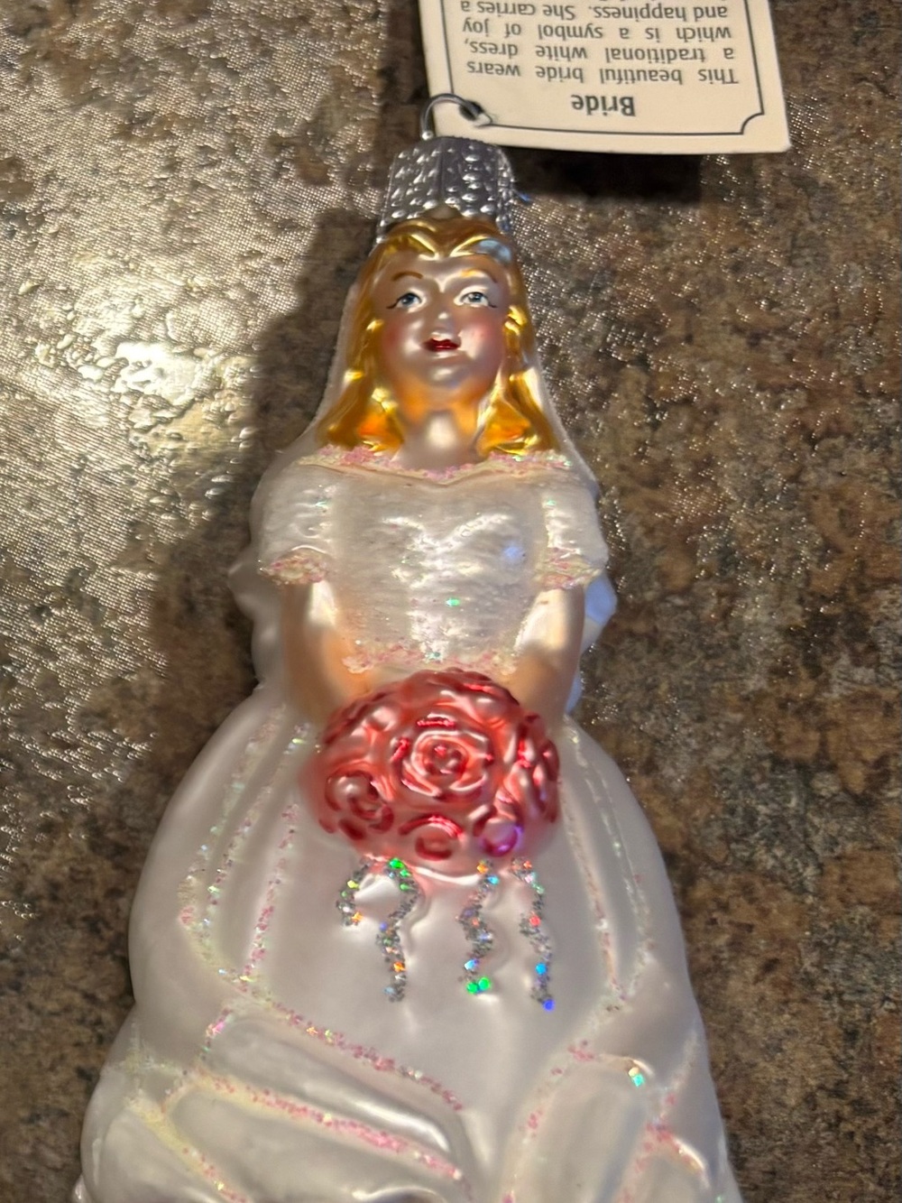Bridal Old World Christmas Ornament - White with Pink Bouquet